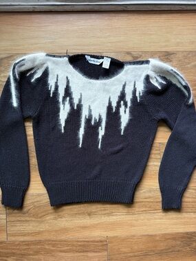 Vintage Christina Grant Black White Angora Blend Sweater Fuzzy Intarsia Size M